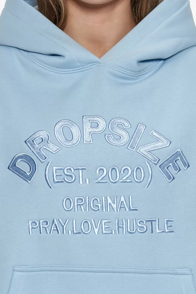 Online Dropsize Heavy Oversize Pray Love Hustle Embo Hoodie Baby Blue