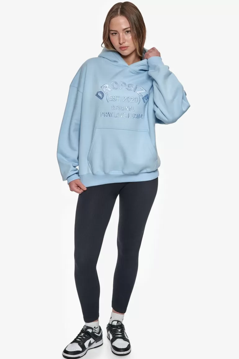 Online Dropsize Heavy Oversize Pray Love Hustle Embo Hoodie Baby Blue