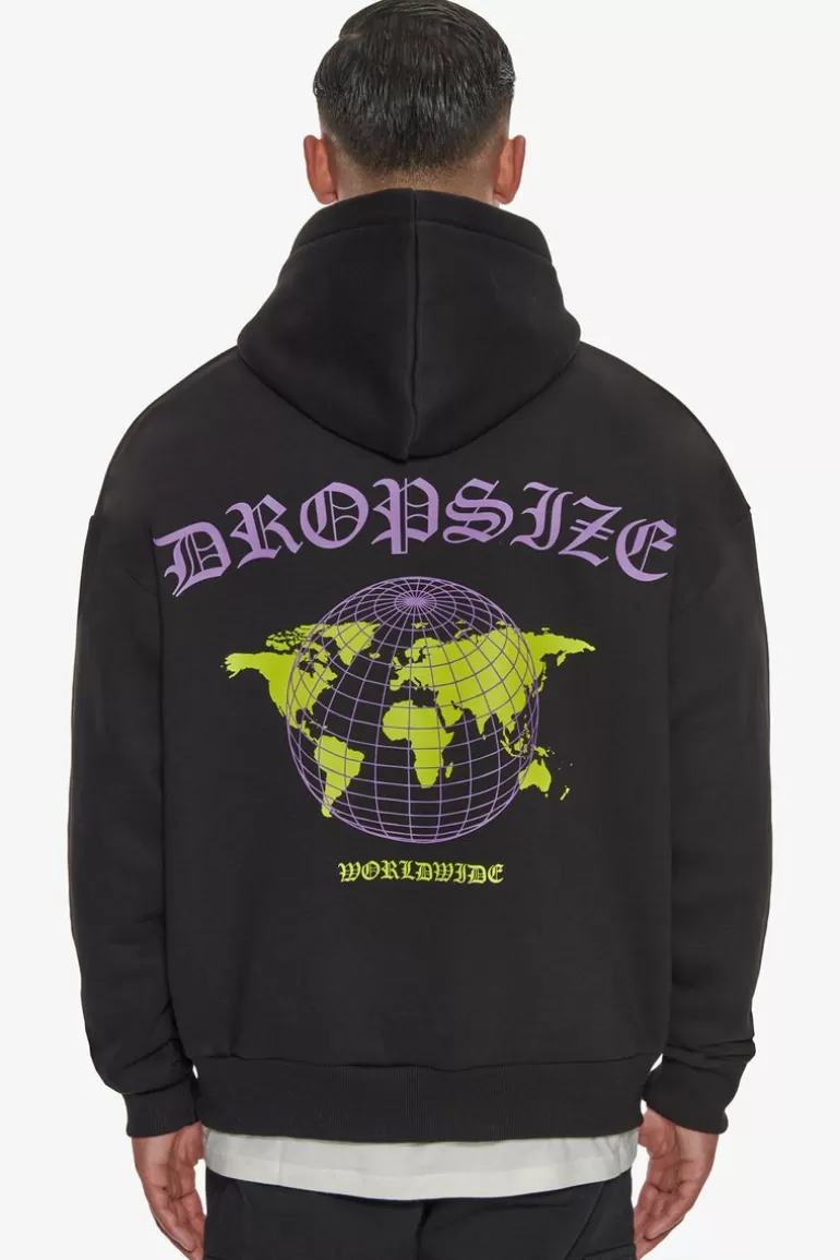 Cheap Dropsize Heavy Oversize Worldwide Logo Hoodie Washed Black
