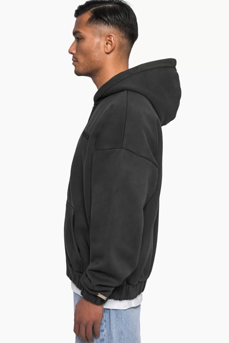 Sale Dropsize Super Heavy Oversize Logo Zip Hoodie Acid Washed Black