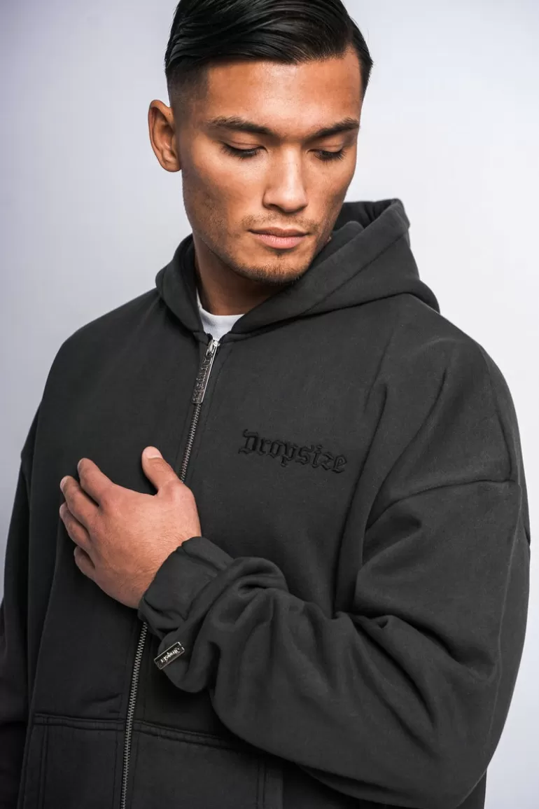 Sale Dropsize Super Heavy Oversize Logo Zip Hoodie Acid Washed Black