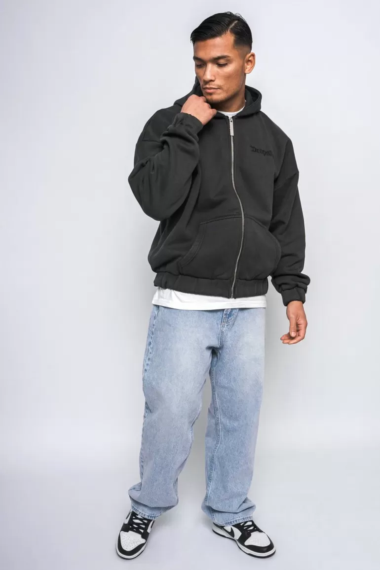 Sale Dropsize Super Heavy Oversize Logo Zip Hoodie Acid Washed Black