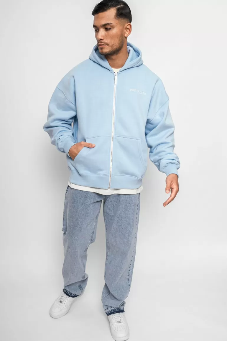 Clearance Dropsize Super Heavy Oversize Logo Zip Hoodie Baby Blue