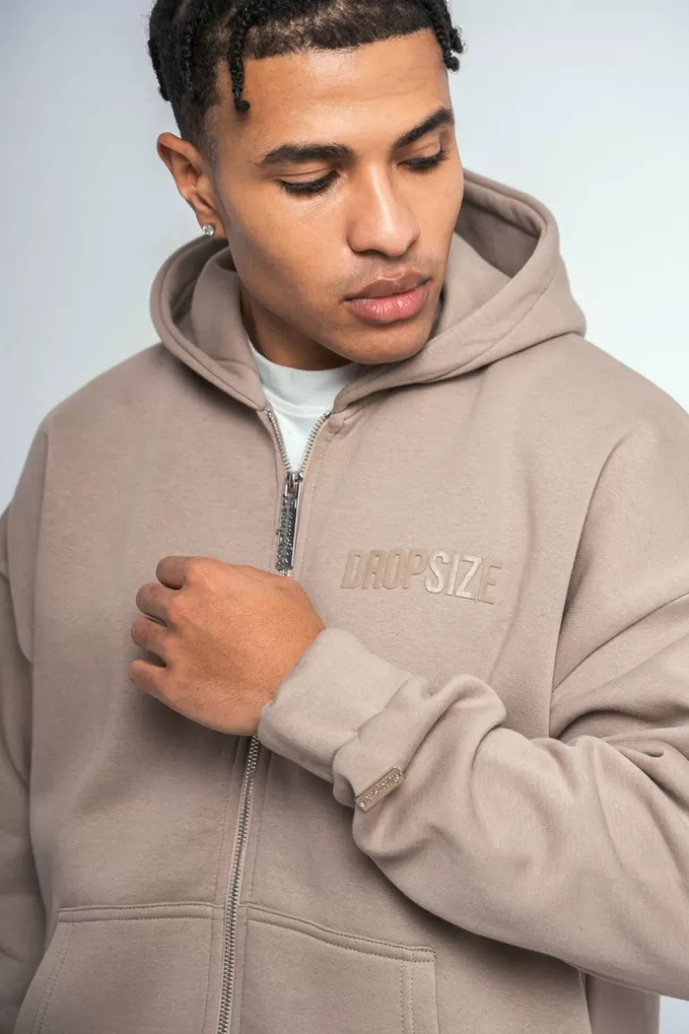 Cheap Dropsize Super Heavy Oversize Logo Zip Hoodie Simply Taupe