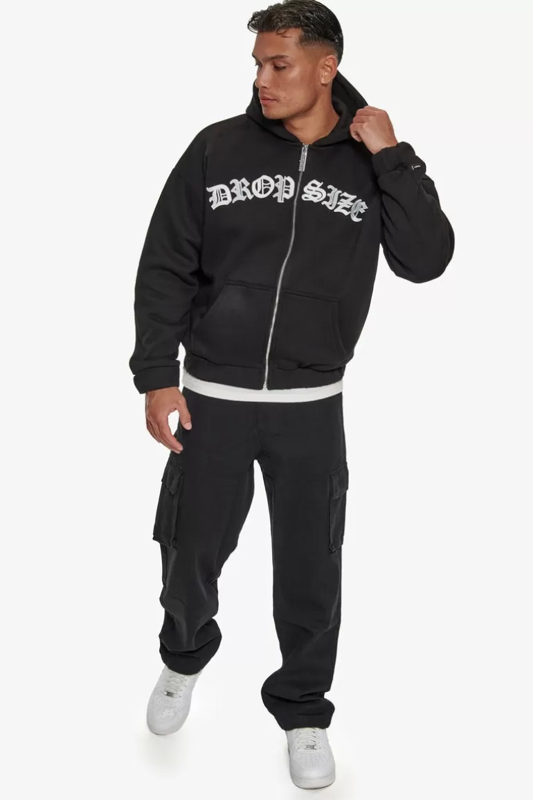 Cheap Dropsize Super Heavy Oversize Mid Front Embo Zip Hoodie Black
